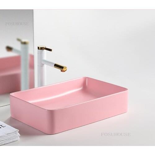 Above Counter Basin Bathroom Sinks Modern Pink Wash Basin Simple Toilet Washbasins Rectangular Bathroom Washing Sink Ceramic