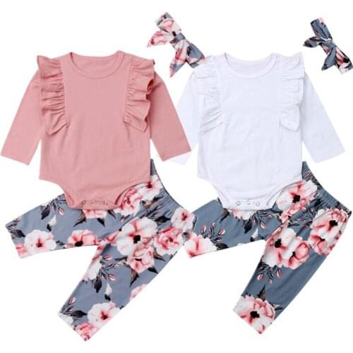 2020 Newborn Toddler Baby Girl Spring Summer Clothing Flower Ruffled Top Romper Pants Headband 3PCS Sunsuit Outfits Clothes 0-4Y