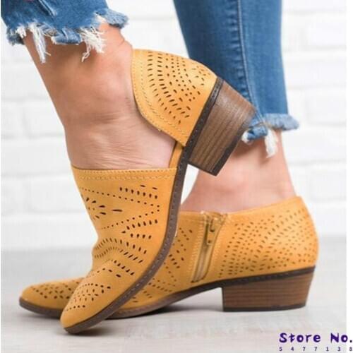 2019 Fashion Women Boots Spring Summer Block Low Heel Ladies Booties PU Leather Botines Hollow Out Ankle Platform Botas Mujer