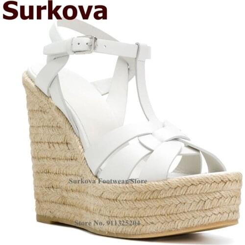 Surkova Rope Plaited Weaving Wedge Heel Sandals Women Cross Strap Buckle Platform Dress Shoes Size46 Gladiator Pumps Brown White