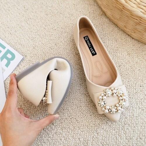 And Autumn Spring New Women Pointed Toe Flat Shoes Rhinestone Pearl Single Shoes High Quality Soft Sole Pump Womens Shoes