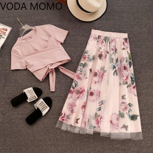 HIGH QUALITY Women Irregular T Shirt+Mesh Skirts Suits Bowknot Solid Tops Vintage Floral Skirt Sets Elegant Woman Two Piece Set