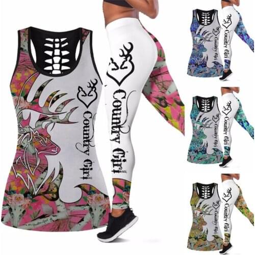 Womens Over Printed Yoga Suit Hunting Deer Country Girl Hollow Vest Tank Top High Waist Leggings Sports Ladies Suit