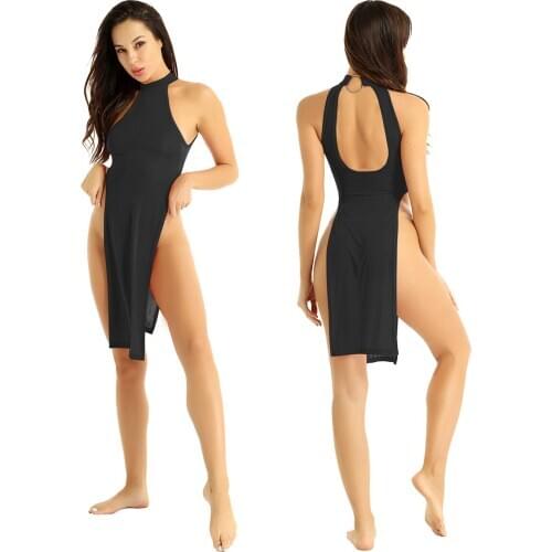 Women Femme Ultra Thin Lingerie Halter Neck Sleeveless Backless High Slit Legs Cheongsam Nightgown Sexy Dress for Party Clubwear