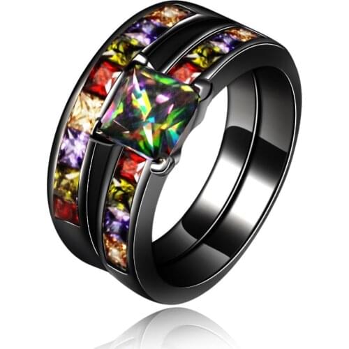 2 pcs YaYI Jewelry Fashion Princess Cut Square Heart Cubic Zirconia Black Gold Plating Engagement Wedding Party Couples Rings