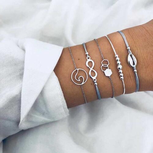 5 Pcs/Set Link Chain Hexagon Shell Charm Bracelet for Women Silver Color Infinity Bracelet Girls Friendship Braclet Dropshipping