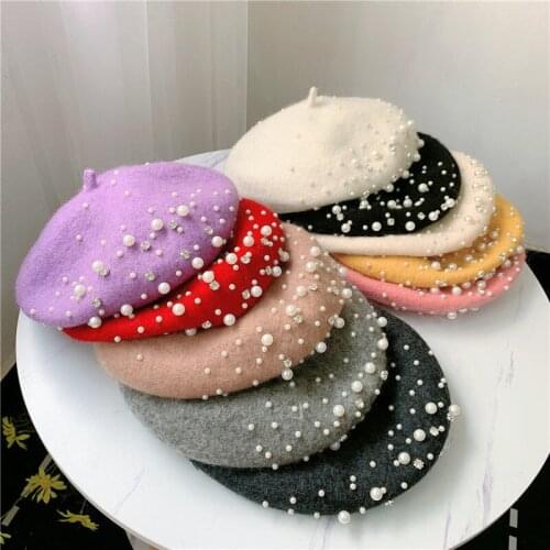 Vintage Pearl Beret Hat for Women Cashmere Winter Retro French Winter Black Red French Artist Flat Fashion Red Yellow Lady Cap
