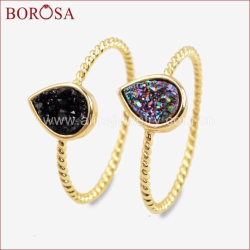 BOROSA 10PCS Elegant Gold Color Teardrop Rainbow Drusy Rings, Natural Agates Titanium Druzy Bezel Ring Jewelry for Women ZG0288