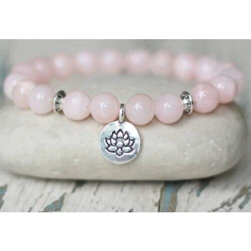 Rose Quartzs Bracelet Mala Jewelry Women Femme Lotus Charm Wrist Pink Beads Beaded Bracelet Lotus Flower