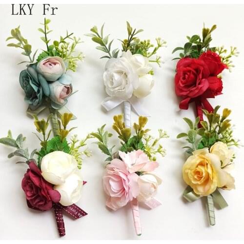 LKY Fr Boutonniere Wedding Wrist Corsage Bracelet Flowers Artificial Roses Pins White Groom Buttonhole Marriage Men Accessories