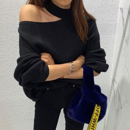 Black Apricot Grey Halter Neck Warm Sweater Woman Pollover Autumn 2021 Winter Thick Knitted Loose Solid Cute Korean Jumpers Tops