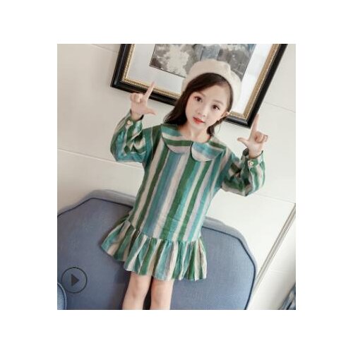 Korean Childrens Wear 2018 Girls Fall New Collar Vertical Stripes Cotton Hemp Fish Tail Long Sleeve Dress
