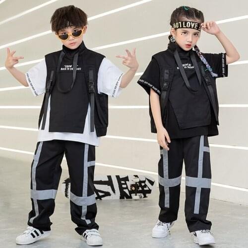 Kids Hip Hop Clothing T Shirt Top Tactical Cargo Pants Sleeveless Jacket Vest for Girls Boys Jazz Dance Costume Clothes Wear