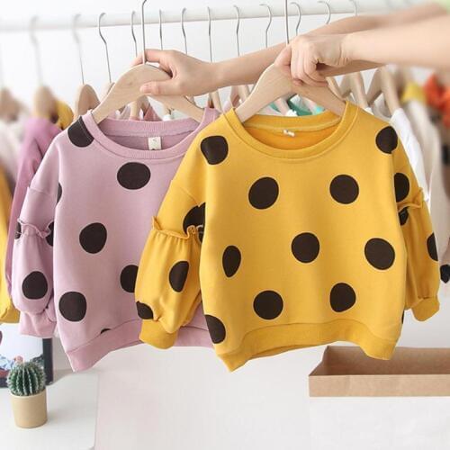 Korean Baby Kid Girls Sweatshirt Personality Cotton Long Sleeve Splicing Autumn Dot Printing Ruffled Round Neck Jumper