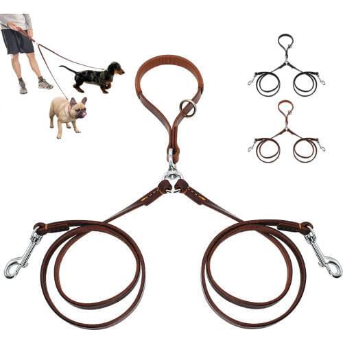 Double Dog Leash Genuine Leather Dual Dog Leash 360 Swivel No Tangle Walking & Training Leash For Two Dogs Soft Handle