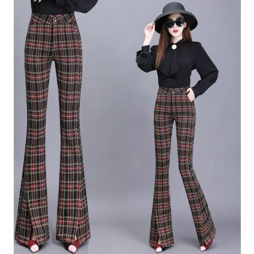 Plaid pants women autumn new woolen Flared pants women high waist split trousers women pants for women cargo pants women