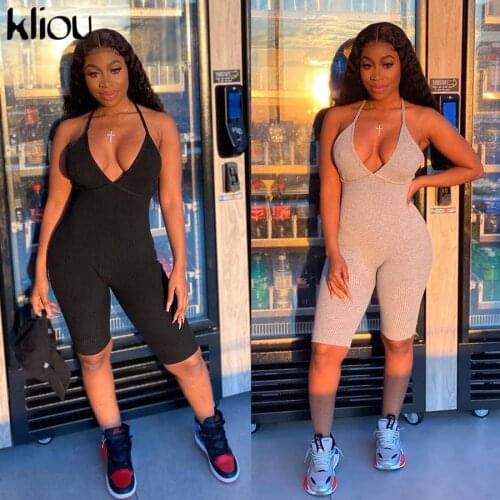 Kliou fitness women romper v-neck sexy blackless sleeveless playsuit skinny summer sportswear bodycon streetwear clothes