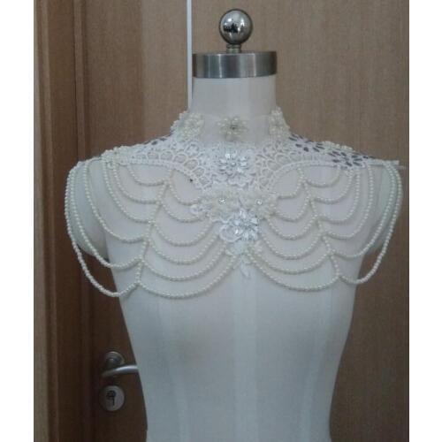 White or ivory Lace Wedding Bridal Pearl Crystal Shawl Wrap Cape Bolero Jacket Shrug