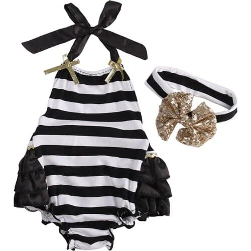 Striped Newborn Baby Girl Summer Clothes Sleeveless Backless Ruffles Romper Jumpsuit Headband 2PCS Outfit Sunsuit