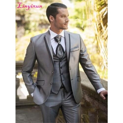 Linyixun Latest Coat Pant Designs 2018 Men Suits Wedding Groom Silver Shine Material 3 Pieces Wedding Suits For Men Tuxedo
