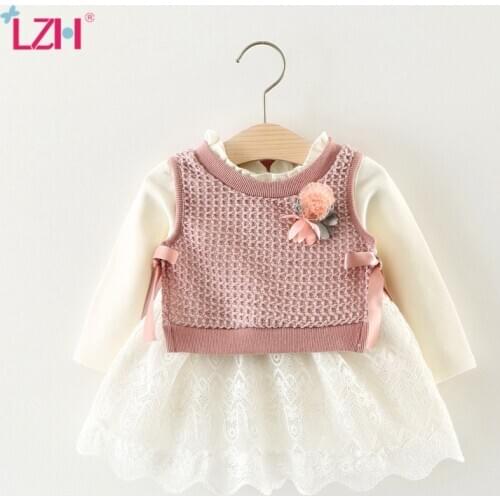 LZH 2021 Autumn Spring Cute Baby girls dress Knitt jacket+dress 2pcs set Infant Baby Newborn Cotton Princess dress 0 1 2 3 Year