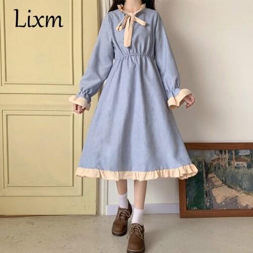 French sweet retro kawaii lolita dress high waist bownknot temperament stitching ruffled lace mid-length dress