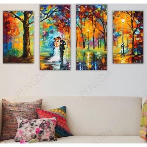 Modular 4 Panel Couples Street Poster Hd Prints Autumn Canvas Painting Home Decor For Living Room Wall Art Pictures No Framework