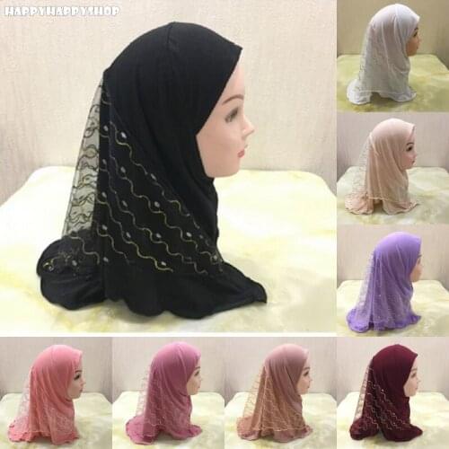 Muslim Kids Girls Hijab Islamic Headscarf Lace Scarf One Piece Amira Children Ramadan Middle East Full Cover Head Wrap