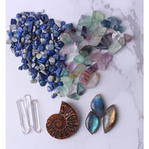 A set of mixed crystal natural gravel fluorite lapis lazul & ammonites fossil & white crystal wand aquarium home ornament gift