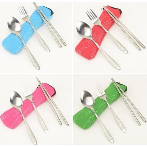 3Pcs/set Portable Stainless Steel Cutlery Set Flower Painting Fork Dinner Tableware Set Tableware Case Kit For Camping