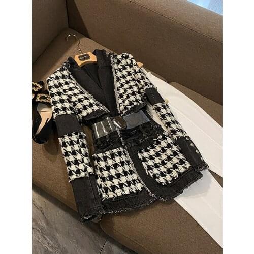 2021 Fall Winter Star Jacket Fashion Trend Tweed Houndstooth Denim Stitching High Quality Western Assembly Belt O185