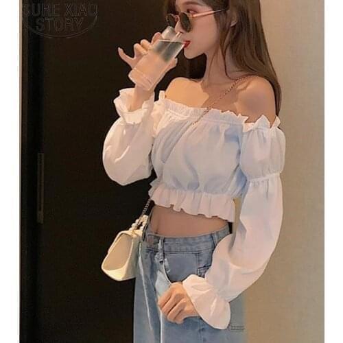 Sexy Blouses Off Shoulder Tops Long Sleeve 2021 New Women Tops Solid White Shirt Puff Sleeve Ruffles Chiffon Blouse Blusas 14315