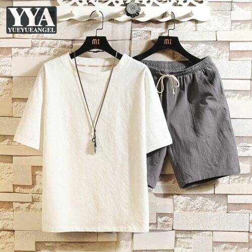 Mens Summer Casual Joggers Tracksuit Cotton Linen Elastic Waist Shorts Two Piece Sets Male Loose Fit Training Set Plus Size 5XL