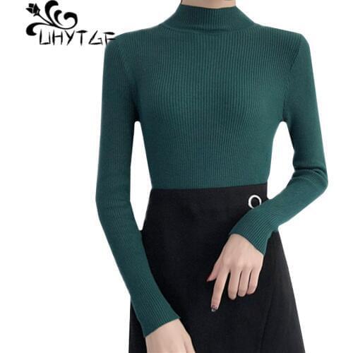 UHYTGF Women turtleneck Pullover short Knitted sweaters Long-sleeved slim Elasticity autumn winter sweater female pull femme 243