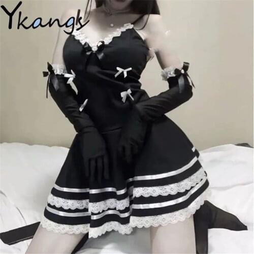 Lolita Uniform Black Sexy Suspender Dress Cosplay Maid Lace Gothic Dark Style Night Costumes New Bow Sweet Kawaii Anime Outfit