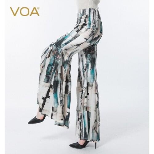 VOA Silk Natural Waist Printed Elastic Satin Fold Side Pull Moisture Absorption Breathable Color Elegant Trumpet Trousers KE535