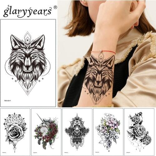 Glaryyears 19*12cm Temporary Tattoo Sticker Hot Fake Wolf Flower Flash Waterproof Fashion Small Body Art Men Women
