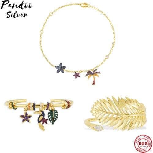 S925 Sterling Silver Jewelry 1:1 Copy,Collection TROPICANA,Palm Leaf Open Cuff,Multicolor Tropical Open Cuff With Logo