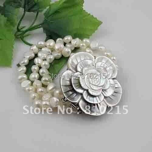 Pearl bracelet AA 8-9MM White color genuine freshwater pearl baroque shaper beautiful sea shell flower clasp wholesale A2611