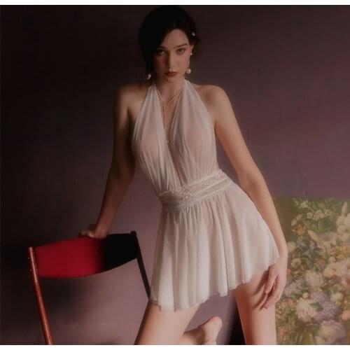 Women Sleepwear Spaghetti Strap V-Neck Halter Ladies Nightdress Comfort Nightgown Chiffon Satin Sexy Embroidery Sleep Wear