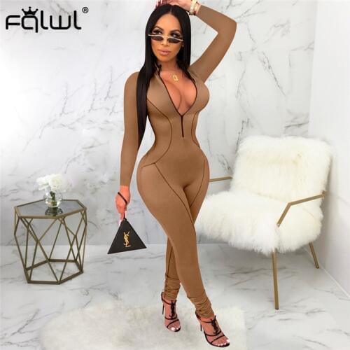 FQLWL Ladies Sexy Bodycon Jumpsuit For Women Overalls 2019 Zipper V Neck Long Sleeve Skinny Club Rompers Womens Jumpsuit Female