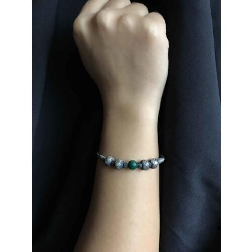 Green Emerald Cubic Zirconia Big Mat handmade Knitted Kazaziye Silver Women Bracelet