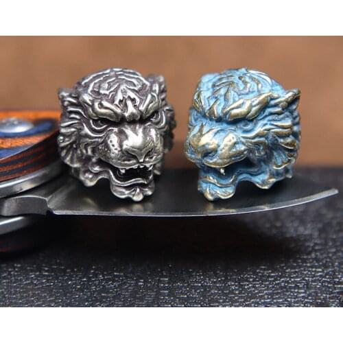 Animal Tiger Head Brass Umbrella Rope Beads DIY Knife Accessory Retro Keychain Pendant EDC Outdoor Survival Tool Lanyard Hanging