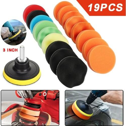 19Pcs Polishing Sponge Pads 3'' Car Buffing Waxing Foam Set For Car Polisher Pads Wheel M10 Drill Adaptor Abrasive Tools