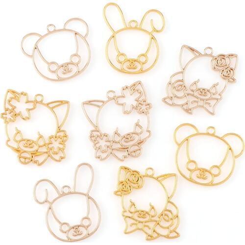 2PC/Set Cute Bear Pig Rabbit Metal Hollow Frame Pendant Gold KC Gold Charm Bezel Setting Cabochon Setting DIY UV Resin Charm