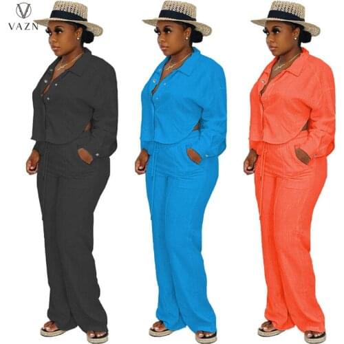 VAZN 2021 Autumn Sweet Shirt Suit Set High-end Formal Office Lady Young Full Sleeve Long Wide Leg Pants Slim Women 2 Piece Set