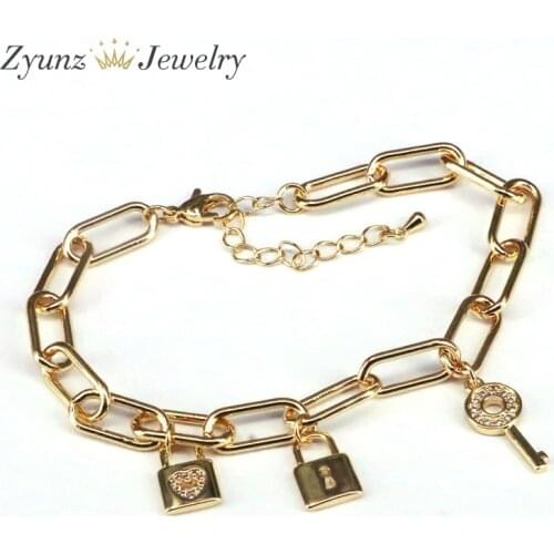 5PCS, CZ Micro Pave Key & Lock Link Chain Bracelet, Padlock Bracelet Linked Chain Bangle Couple Jewelry
