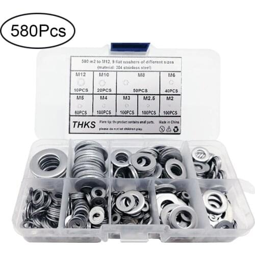 580pcs Flat Washer Plain Washer M2 M2.5 M3 M4 M5 M6 M8 M10 M12 Stainless Steel Gaskets Assortment Kit