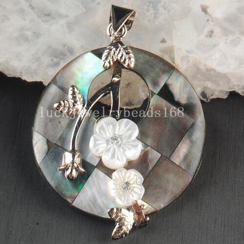Free Shipping Women Fashion Jewelry 41mm Beatiful New Zealand Ablone Shell Round Flower Pendant Bead 1pcs C3621