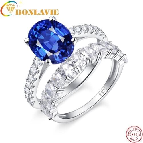 BONLAVIE 2pcs Oval Blue Zirconium 925 Silver Ring Bridal Sets Wedding Ring Engagement Jewelry